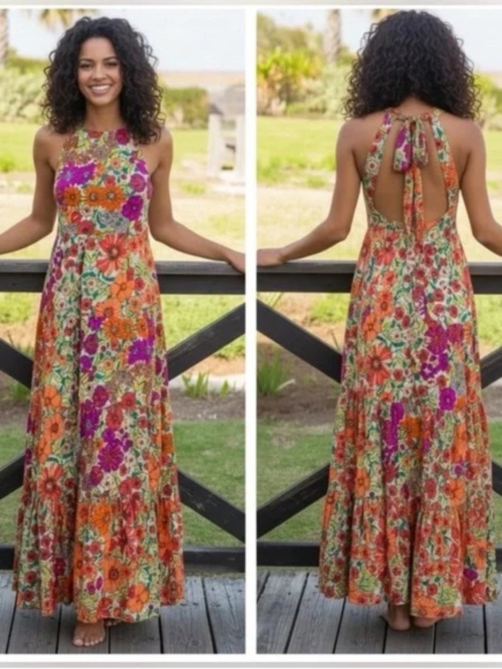 NATURAL LIFE Floral Halter Maxi Dress in Orange, Pink & Cream